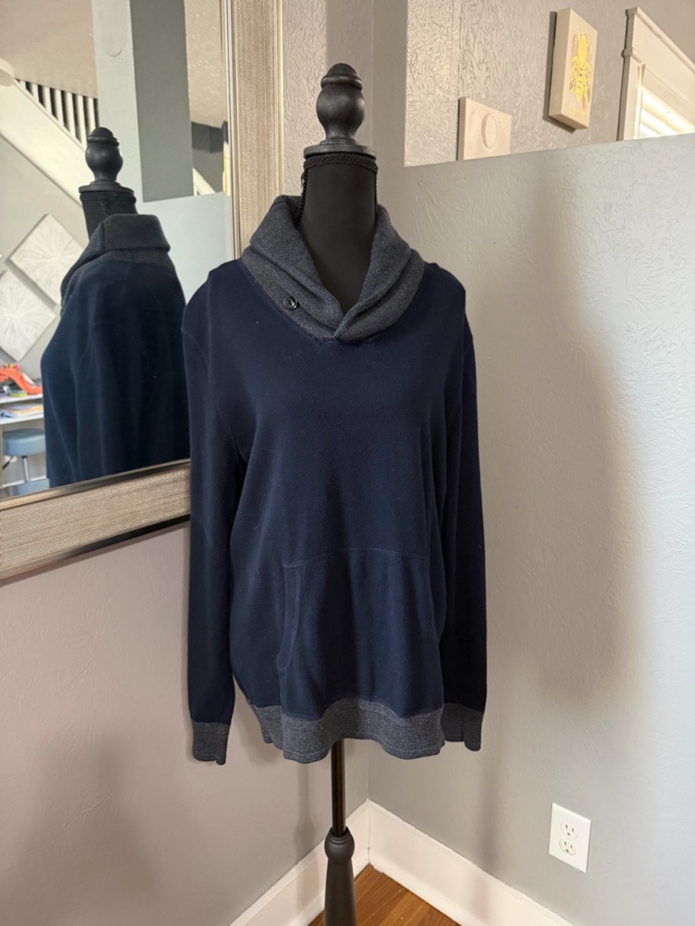 J.Crew navy blue shawl collar pullover sweater kangaroo pocket medium.